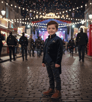 Boys navy velvet tuxedo blazer with satin lapel, slim fit formal jacket for ages 3-7