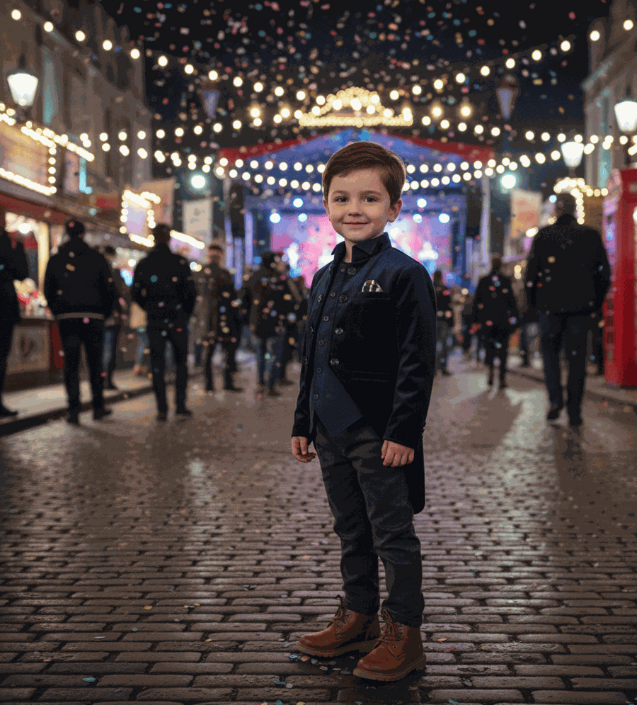 Boys navy velvet tuxedo blazer with satin lapel, slim fit formal jacket for ages 3-7