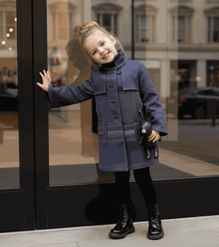 Girl wearing a high-neck autumn winter coat, available in blue cotton blend or light gray wool blend, ages 3-10 years