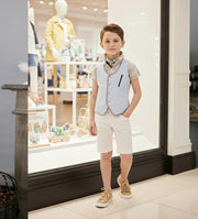 Light blue cotton waistcoat for boys aged 3-7, vintage-inspired and button-front design.
