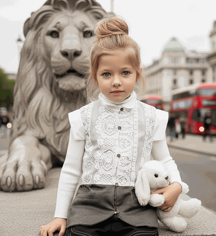 Girl wearing vintage lace vest sleeveless long cardigan in white, suitable for ages 3-12 years, styled for layered outfit