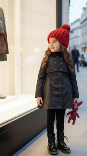 Girls autumn winter cotton trench dress coat in black for ages 3-7, windproof and waterproof