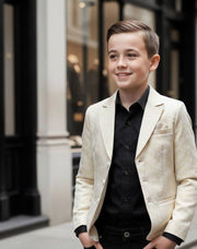 Boy wearing slim-fit gold jacquard blazer for formal occasions aged 8–12
