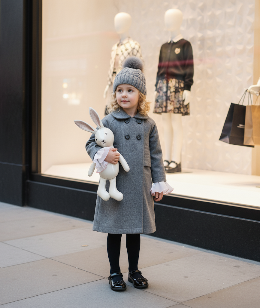 Girls' Woolen Winter long Coat  beautiful Warm Jacket Grey/Pink 3–9 Years