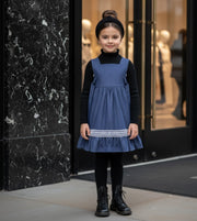 Girls Blue Cotton Dress Warm Layered Long Sleeve Outfit for Kids 3–9Y all season