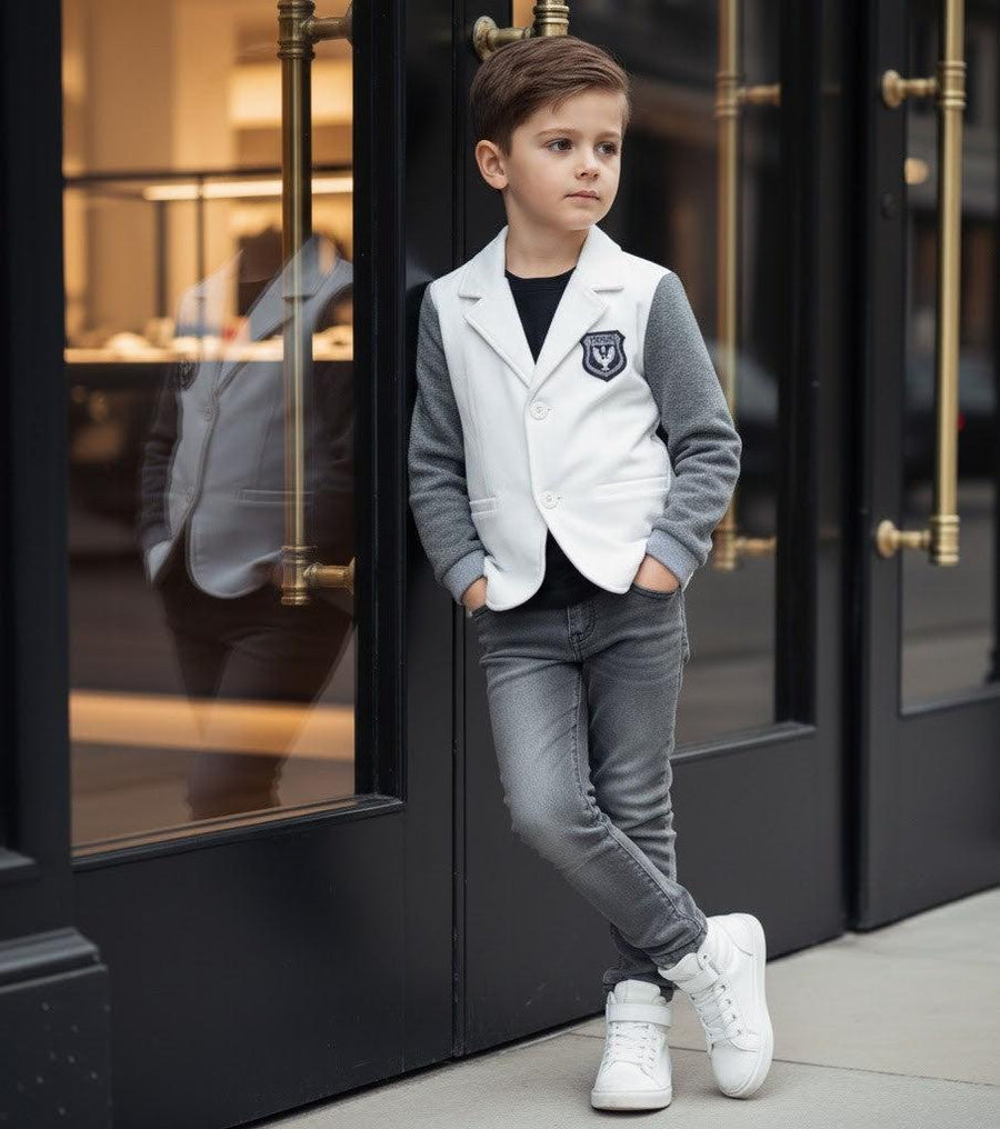 Boys white grey velvet blazer sporty casual jacket for toddlers aged 3-7 years