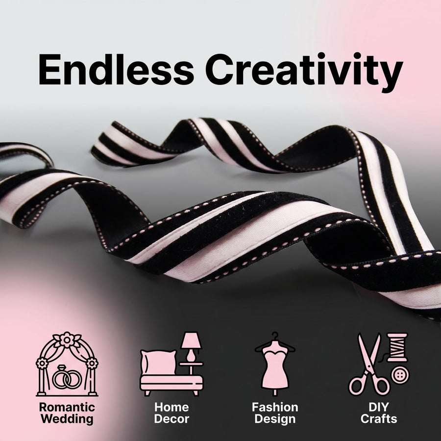 Elegant Black Velvet & Pink Satin Ribbon Trio Set – Luxury Lace Trim Decorative Ribbon Bundle for Fashion & Gift Styling