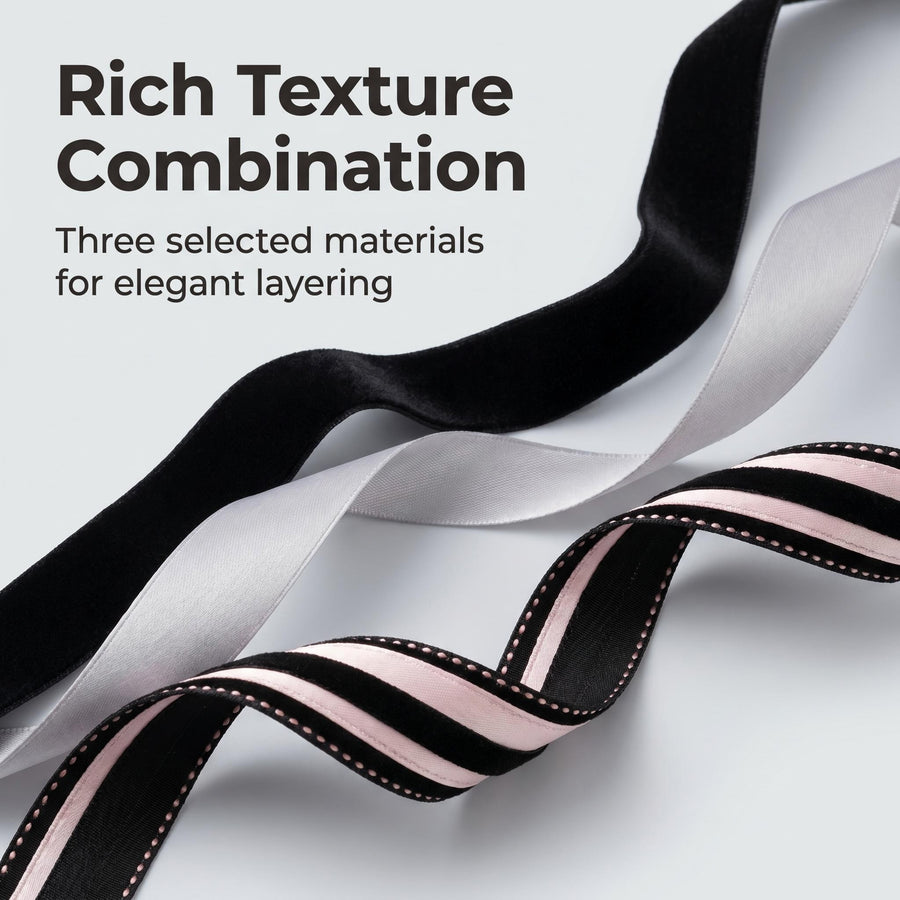 Elegant Black Velvet & Pink Satin Ribbon Trio Set – Luxury Lace Trim Decorative Ribbon Bundle for Fashion & Gift Styling