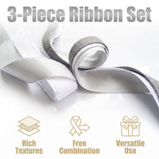 Elegant Silver, White & Grey Ribbon Trio Set – Luxury Satin, Woven & Grosgrain Decorative Ribbon Bundle