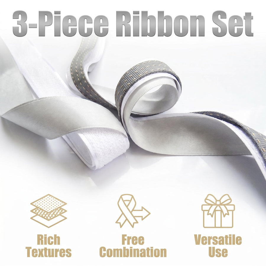 Elegant Silver, White & Grey Ribbon Trio Set – Luxury Satin, Woven & Grosgrain Decorative Ribbon Bundle