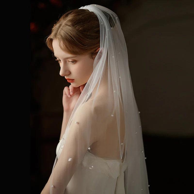 Beaded lace tulle bridal veil mid-length soft chiffon tulle wedding accessory