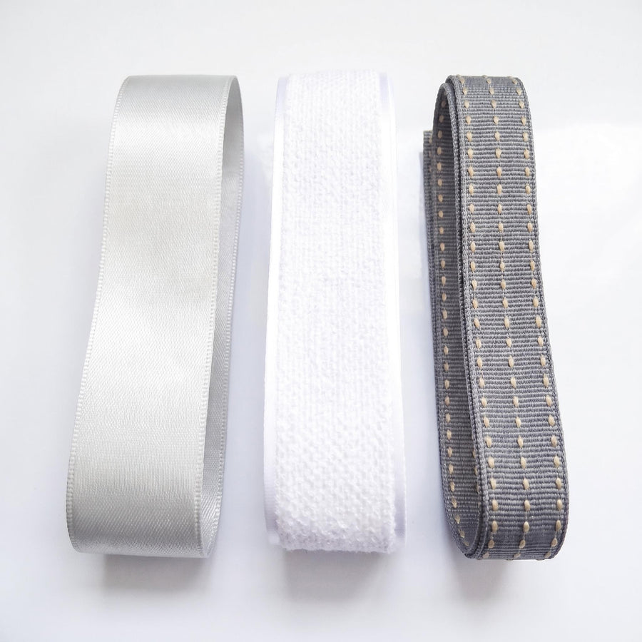 Elegant Silver, White & Grey Ribbon Trio Set – Luxury Satin, Woven & Grosgrain Decorative Ribbon Bundle