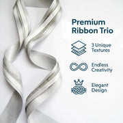 Elegant Silver & Grey Ribbon Trio Set – Luxury Satin & Woven Decorative Ribbon Bundle for Fashion & Gift Styling