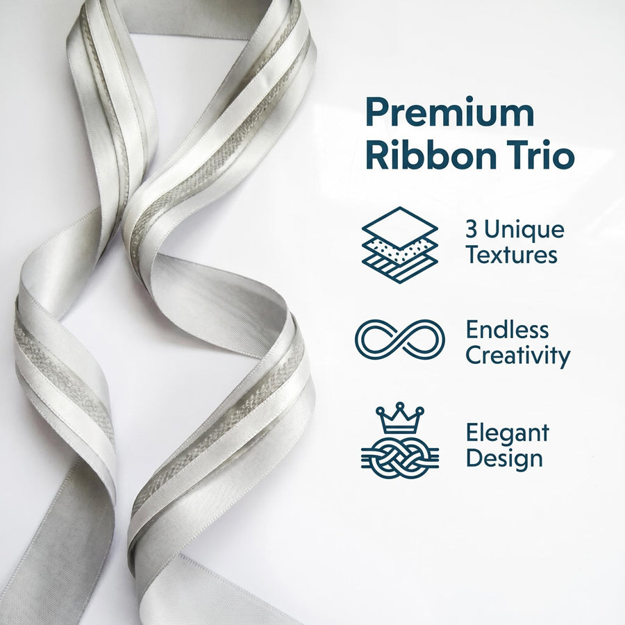 Elegant Silver & Grey Ribbon Trio Set – Luxury Satin & Woven Decorative Ribbon Bundle for Fashion & Gift Styling