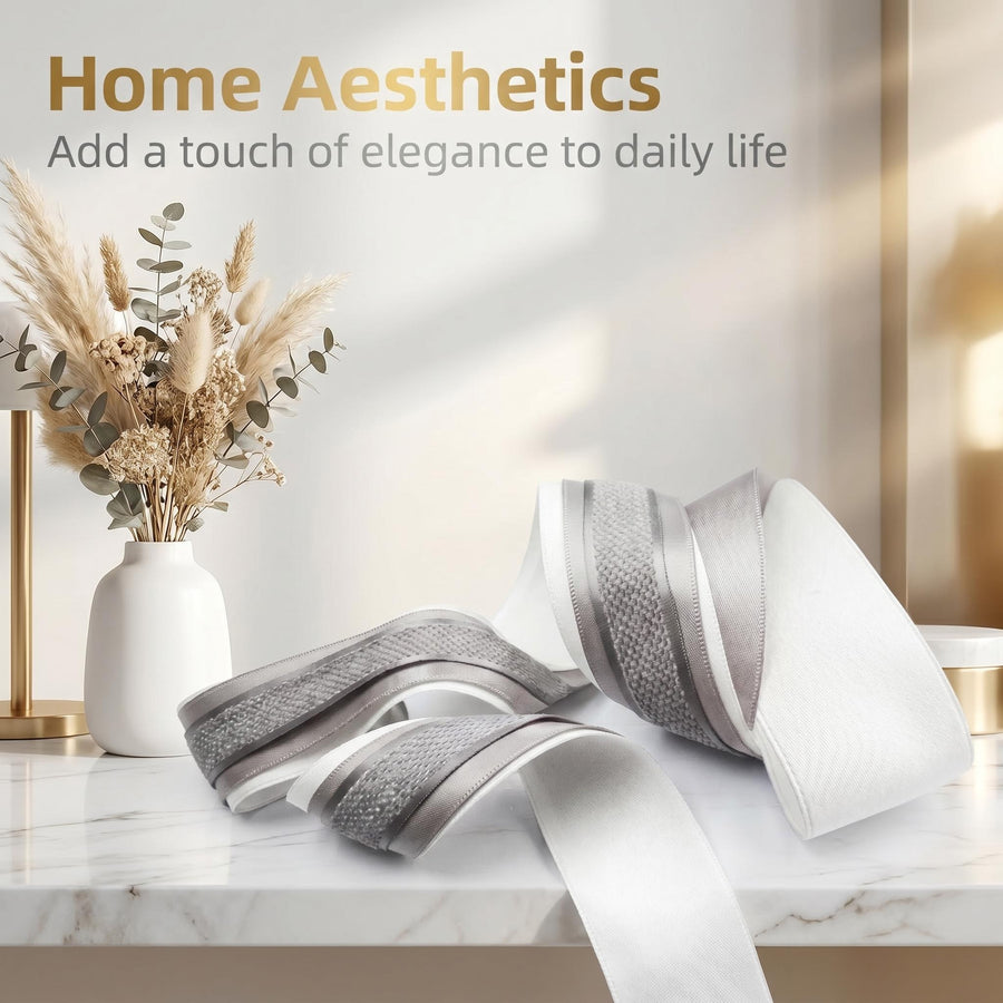 Elegant Cream & Grey Ribbon Trio Set – Luxury Satin & Woven Decorative Ribbon Bundle for Fashion, Gift Wrapping & Event Styling