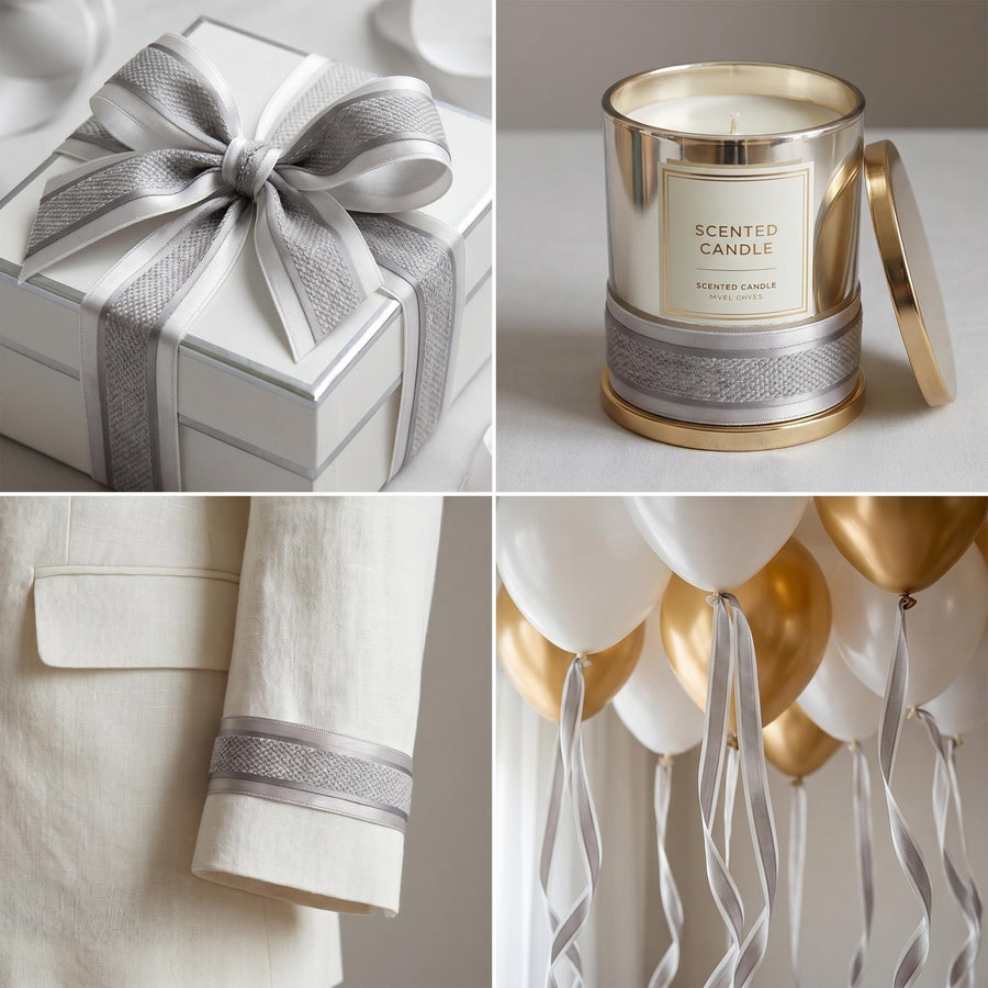 Elegant Cream & Grey Ribbon Trio Set – Luxury Satin & Woven Decorative Ribbon Bundle for Fashion, Gift Wrapping & Event Styling