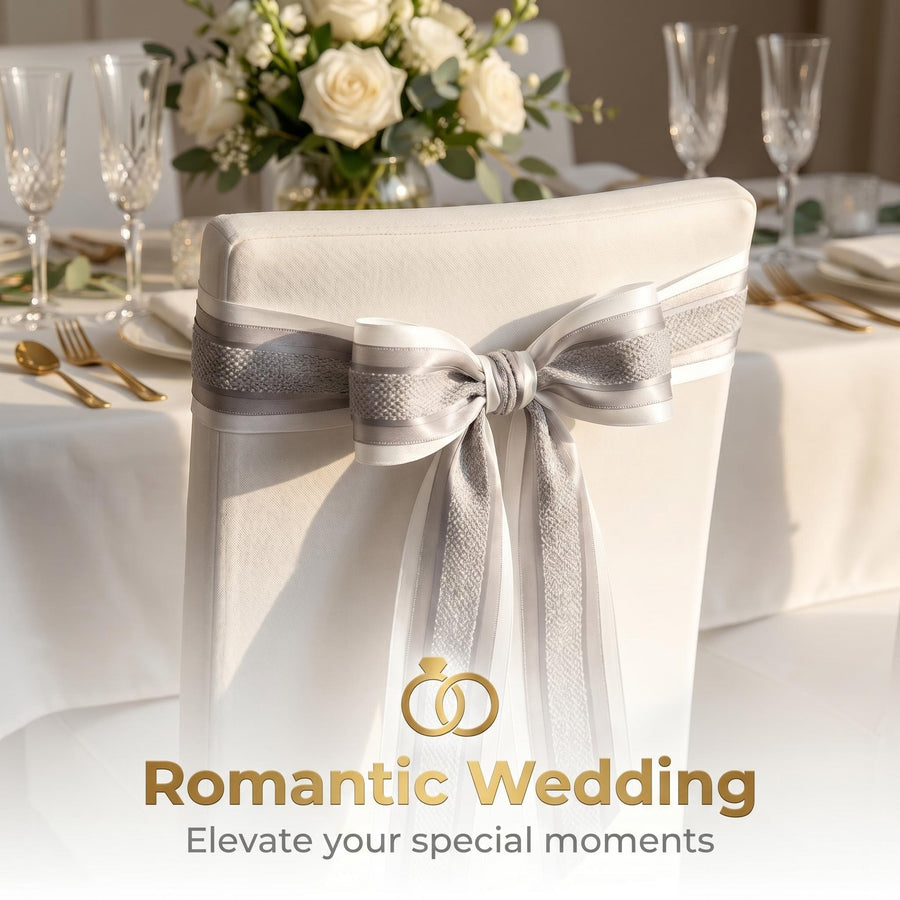 Elegant Cream & Grey Ribbon Trio Set – Luxury Satin & Woven Decorative Ribbon Bundle for Fashion, Gift Wrapping & Event Styling