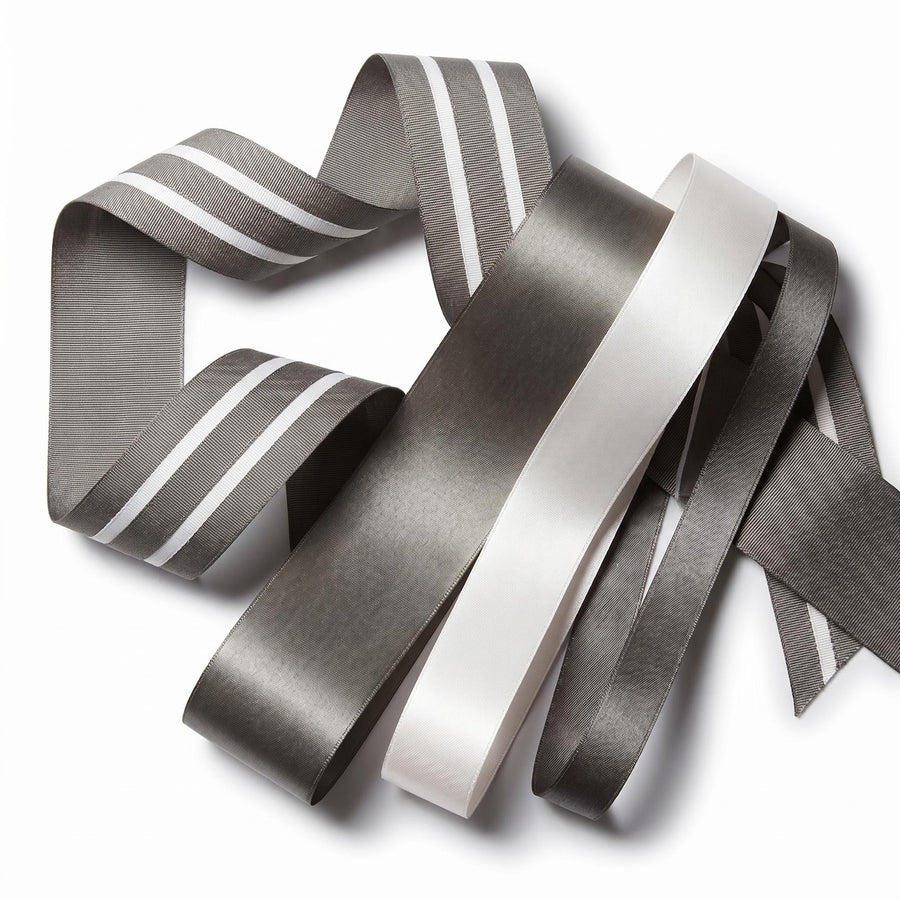 Elegant Charcoal & Cream Ribbon Trio Set – Luxury Satin & Cotton Decorative Ribbon Bundle for Fashion & Gift Styling
