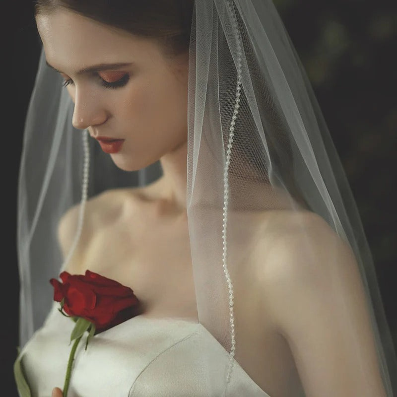 Milky white lace mesh bridal veil mid-length sheer transparent wedding headwear