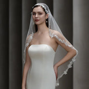 European vintage French lace bridal veil made of soft chiffon tulle with elegant minimalist design