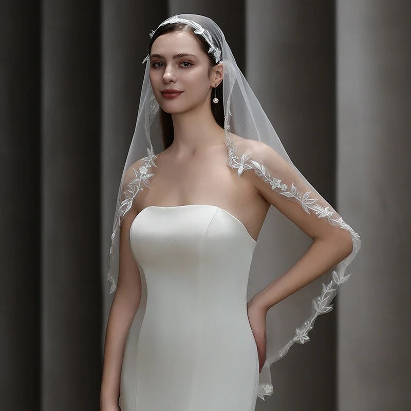 European vintage French lace bridal veil made of soft chiffon tulle with elegant minimalist design
