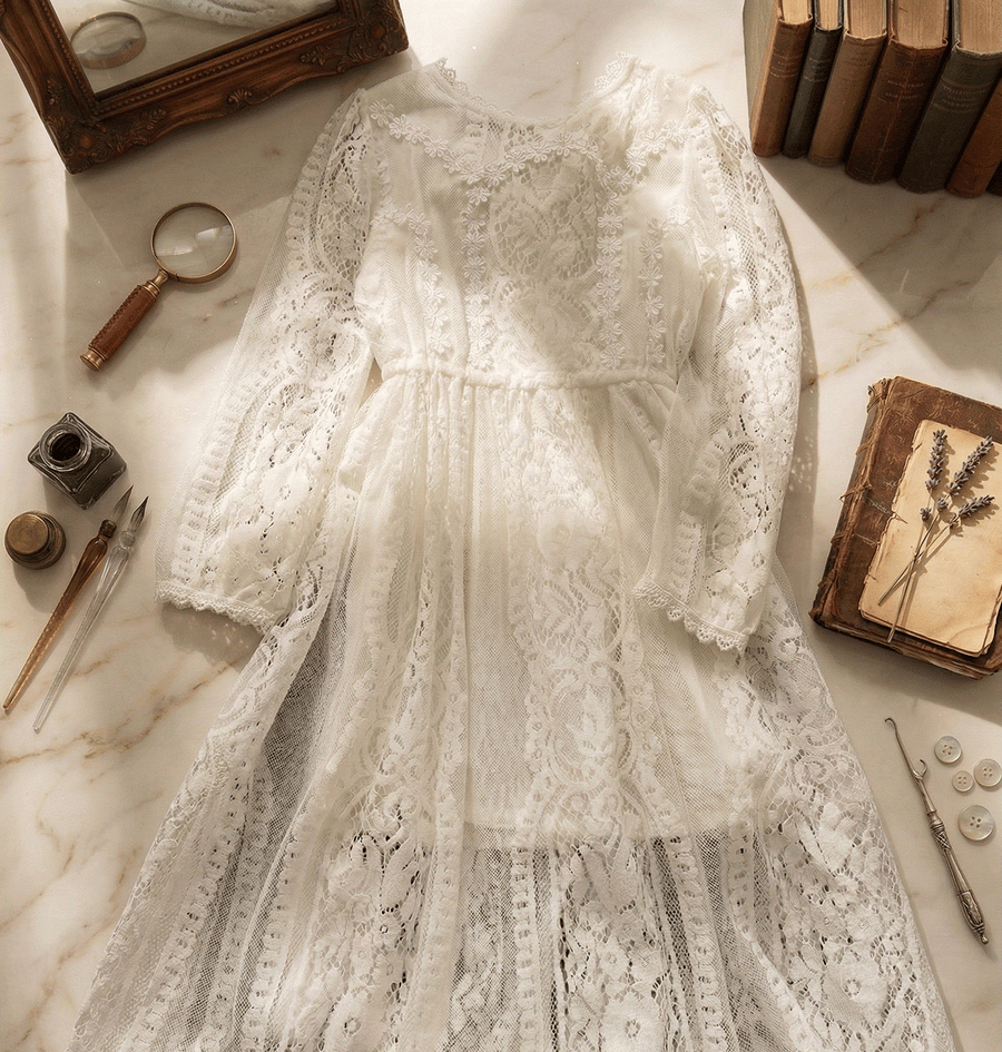 Young girl wearing a long white lace fairy dress with delicate floral lace and flowing skirt for special occasions
