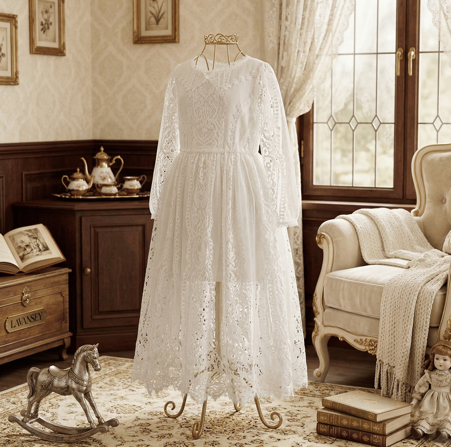 Young girl wearing a long white lace fairy dress with delicate floral details and flowing skirt