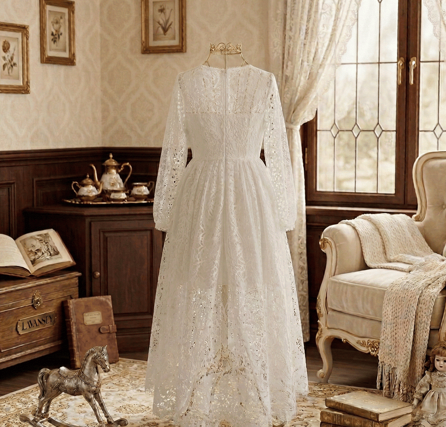 Girls long white lace fairy dress with vintage floral detailing for 2-4 years old girls