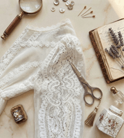 Toddler girl wearing long white lace fairy dress with vintage floral design for special occasions