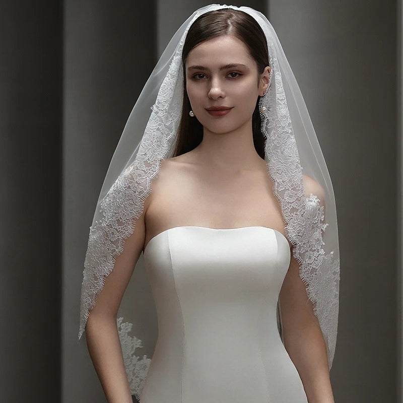 French Lace Court Bridal Veil made of soft chiffon tulle, minimalist and lightweight for elegant wedding looks