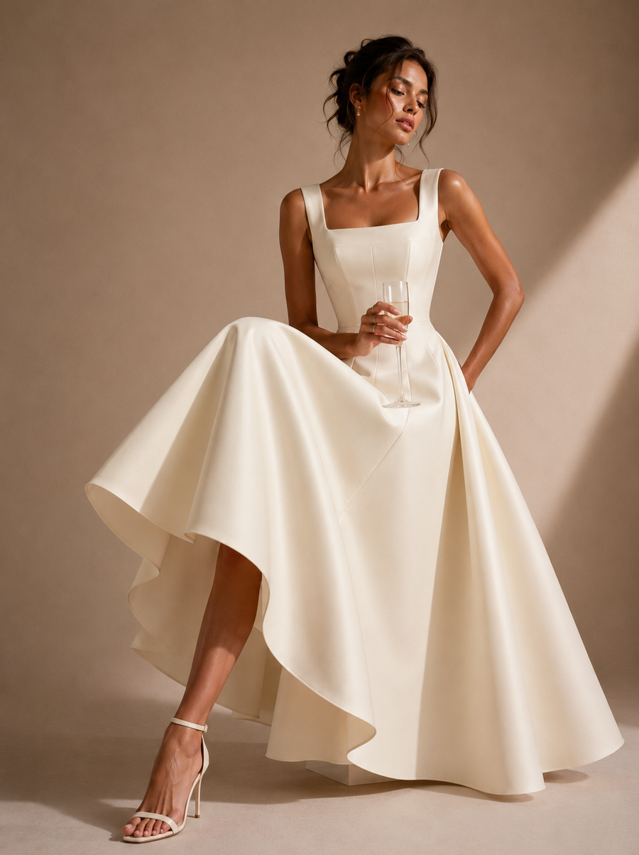 Ivory Sculpted Midi Dress - Architectural Elegance in Motion
