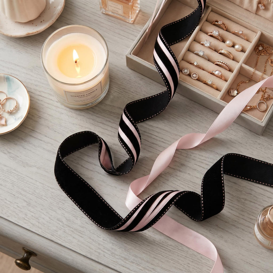 Elegant Black Velvet & Pink Satin Ribbon Trio Set – Luxury Lace Trim Decorative Ribbon Bundle for Fashion & Gift Styling