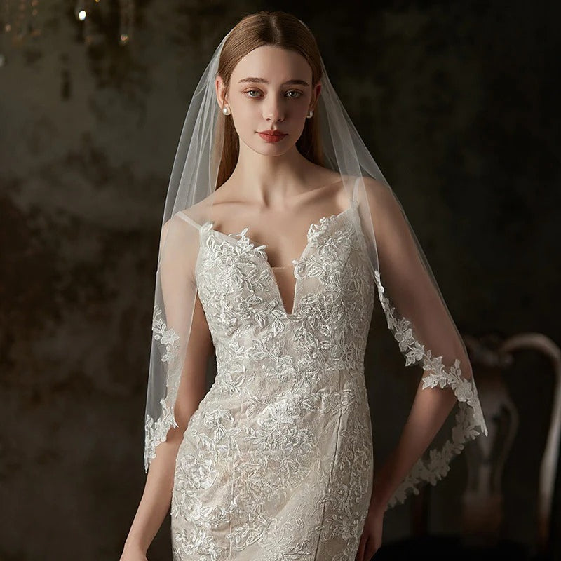 Single-Layer Lace Flower Hair Comb Bridal Veil - 90cm Elegant Plain Tulle Wedding Veil