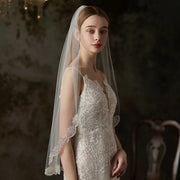 Embroidered soft tulle bridal veil in pure white mid-long fairy forest style