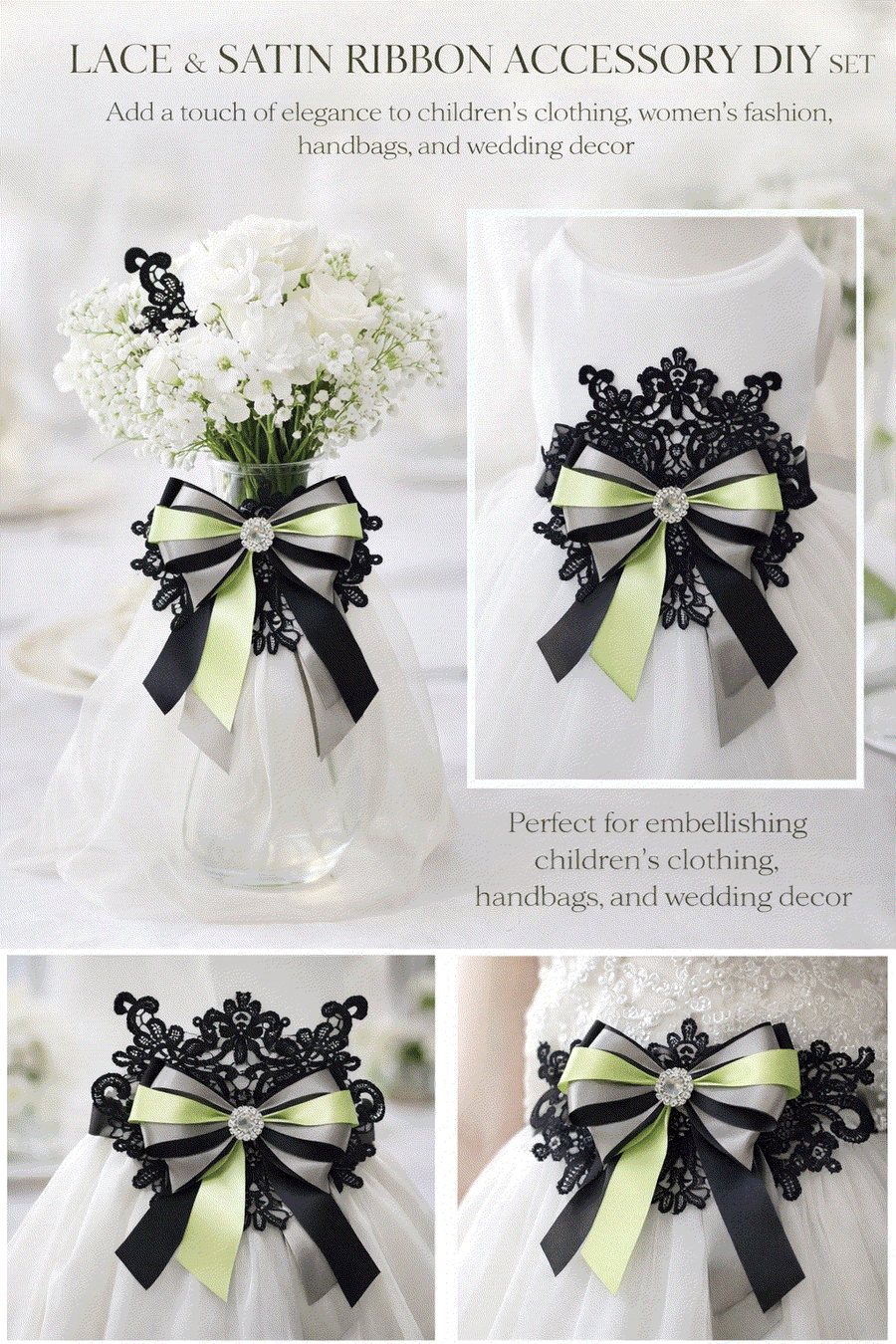 Elegant lace and satin ribbons arranged for wedding and occasion DIY styling set