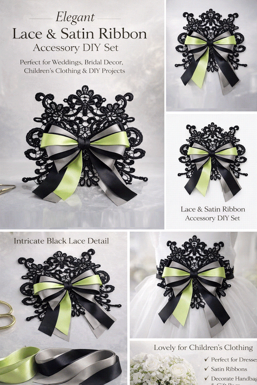 Elegant lace and satin ribbon set with vintage-inspired bows and soft satin finish for wedding and DIY styling