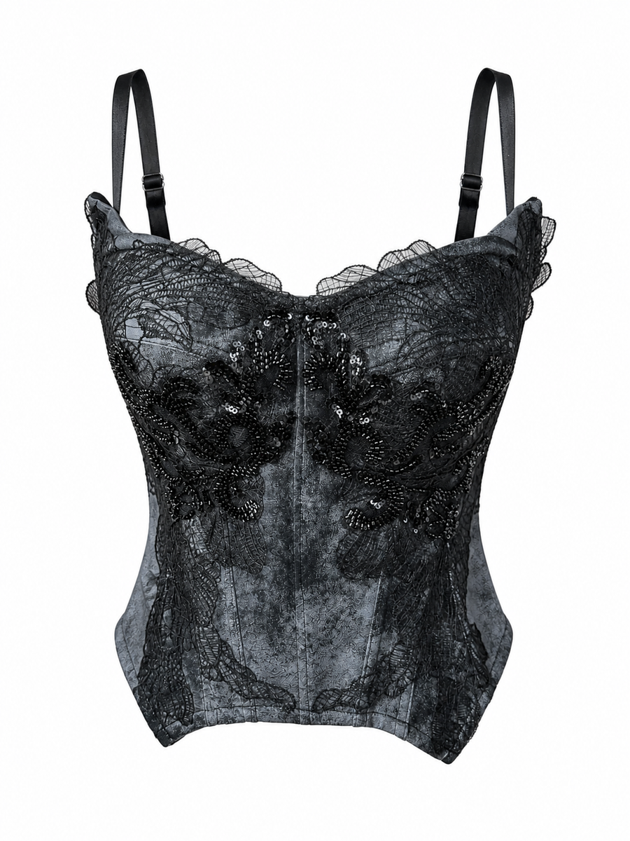 Black Lace Embellished Corset Top – Gradient Polyester Structured Bustier for Evening & Elevated Daily Wear
