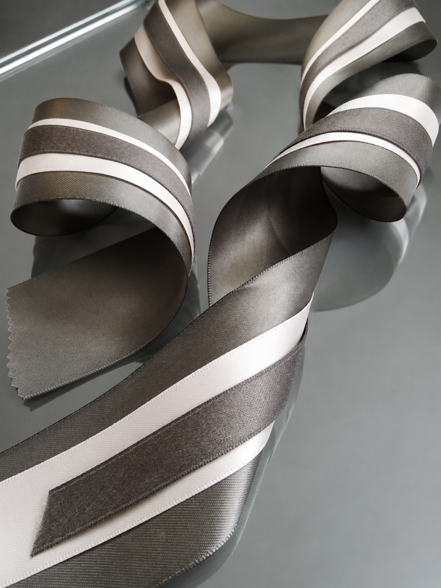 Elegant Charcoal & Cream Ribbon Trio Set – Luxury Satin & Cotton Decorative Ribbon Bundle for Fashion & Gift Styling