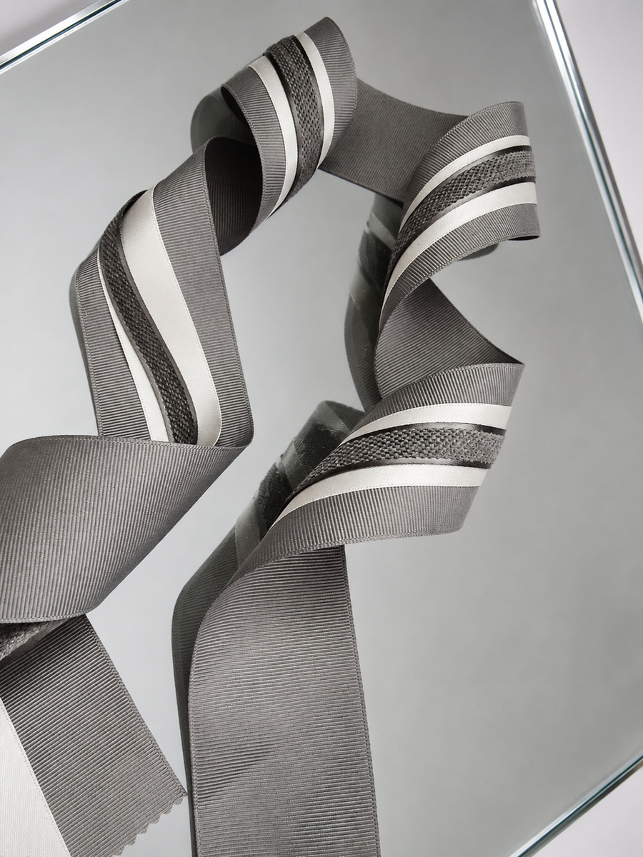 Elegant Grey & Cream Ribbon Trio Set – Luxury Grosgrain, Satin & Woven Decorative Ribbon Bundle for Fashion & Gift Styling