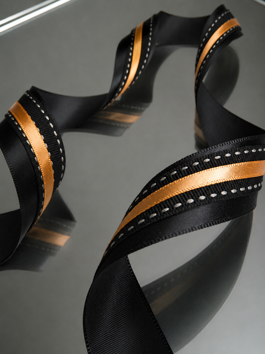 Elegant Black & Gold Ribbon Trio Set – Luxury Satin, Grosgrain & Metallic Decorative Ribbon Bundle for Fashion & Gift Styling
