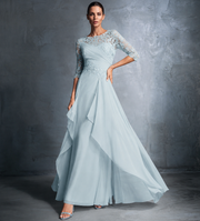 New chiffon lace long evening gown - round neck, mid-sleeve, slimming design - perfect for weddings, bridesmaids, dinner parties, or mother of the bride