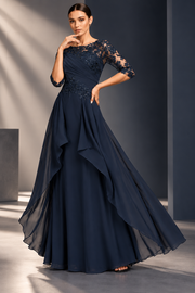 New chiffon lace long evening gown - round neck, mid-sleeve, slimming design - perfect for weddings, bridesmaids, dinner parties, or mother of the bride