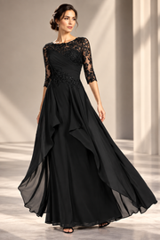 New chiffon lace long evening gown - round neck, mid-sleeve, slimming design - perfect for weddings, bridesmaids, dinner parties, or mother of the bride
