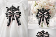 Blush Satin & Black Ribbon Set with Grey Ribbed Detail — Luxury Lace Bow Embellishment Kit
