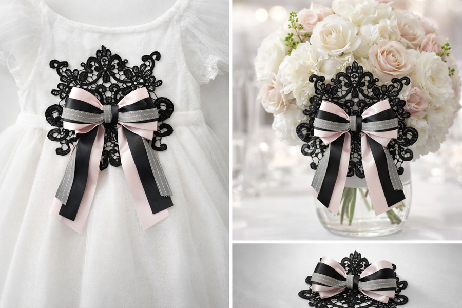 Blush Satin & Black Ribbon Set with Grey Ribbed Detail — Luxury Lace Bow Embellishment Kit
