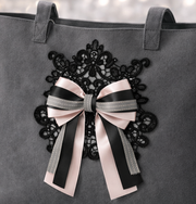 Blush Satin & Black Ribbon Set with Grey Ribbed Detail — Luxury Lace Bow Embellishment Kit