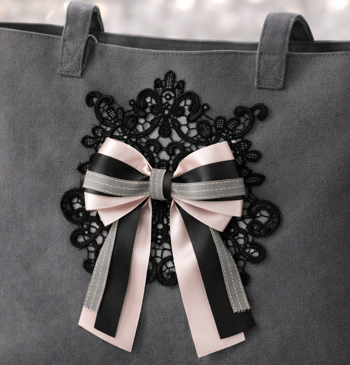 Blush Satin & Black Ribbon Set with Grey Ribbed Detail — Luxury Lace Bow Embellishment Kit