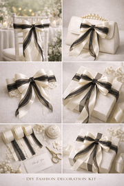 Ivory and charcoal satin ribbons styled in elegant bows for weddings and gifts