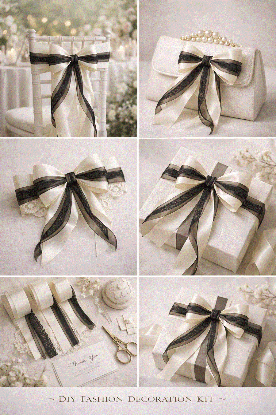 Ivory and charcoal satin ribbons styled in elegant bows for weddings and gifts