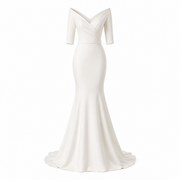 Ivory Off Shoulder Mermaid Wedding Dress - Elegant Sculpted Satin Bridal Gown